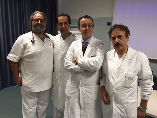 Da sinistra: Rosario Rossi (Emodinamica), Fabio Sgura (Emodinamica), Giuseppe Boriani (Direttore Cardiologia), Carlo Cappello (Cardiologia)