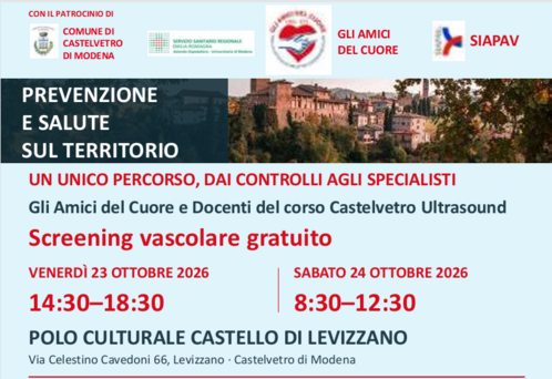 Ecografia vascolare e prevenzione: con “Castelvetro Ultrasound” due giornate dedicate alla diagnosi e alla salute cardiovascolare
